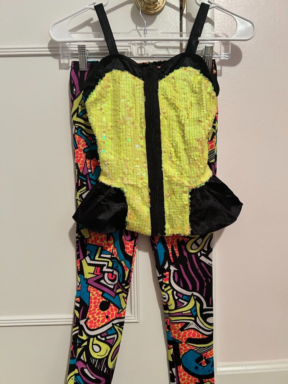 Weissman Children's Hip Hop Dance Costume Neon Yellow Top and Graffiti Leggings